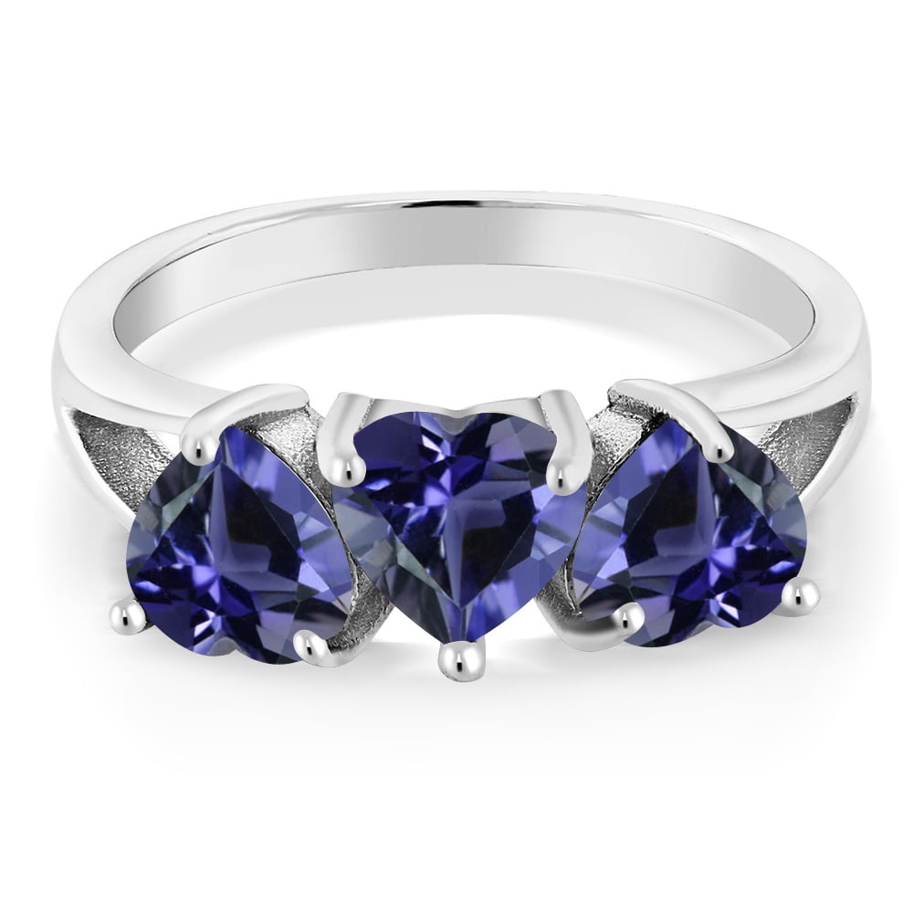 Gem Stone King 1.74 Ct Heart Shape Blue Iolite 925 Sterling Silver 3-Stone Ring