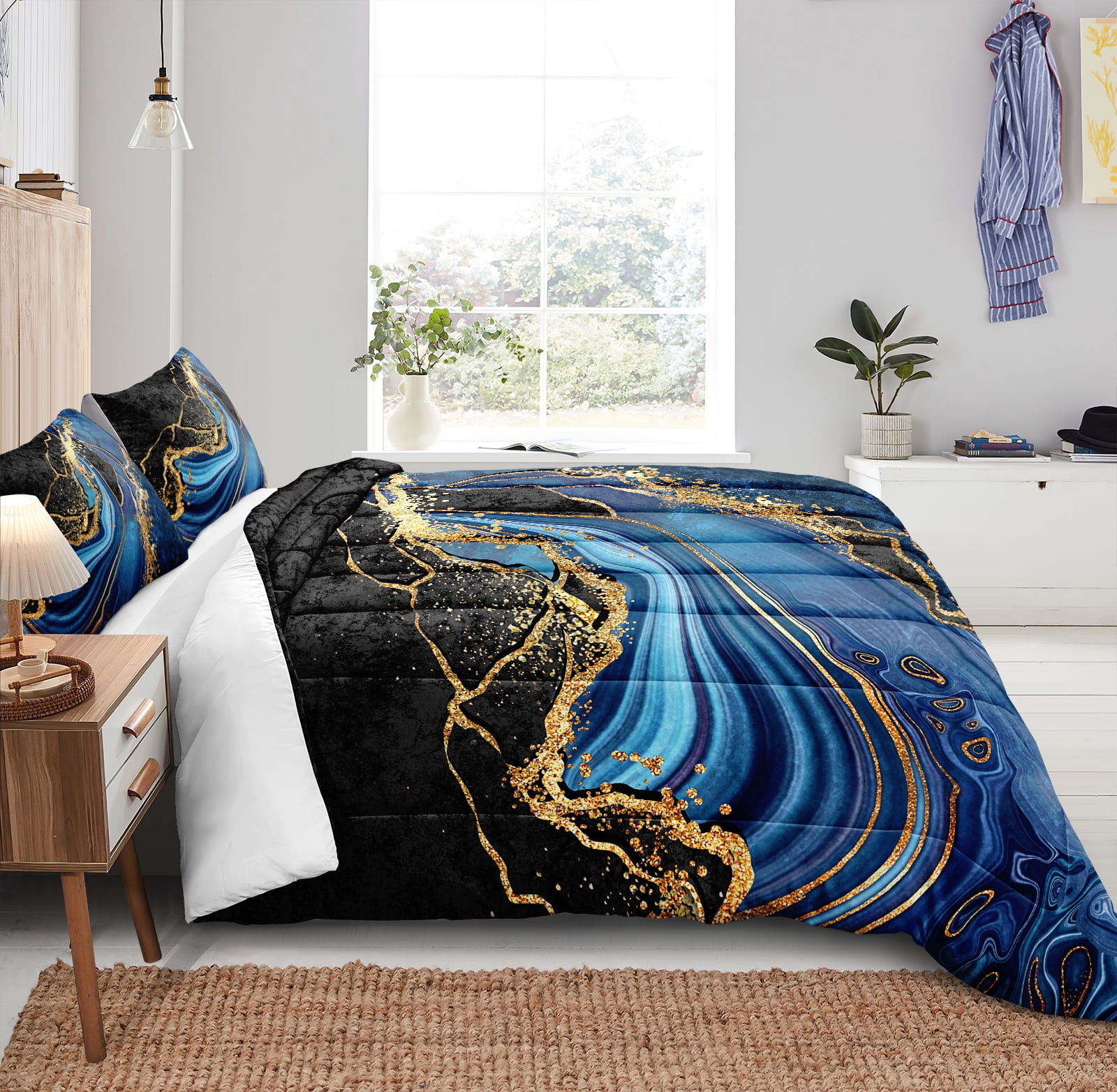 MOVE OVER Blue Gold Marble Comforter Set King Blue Marble Bedding Sets Abstract Marble Textured Pattern Microfiber Filling Down Duvet