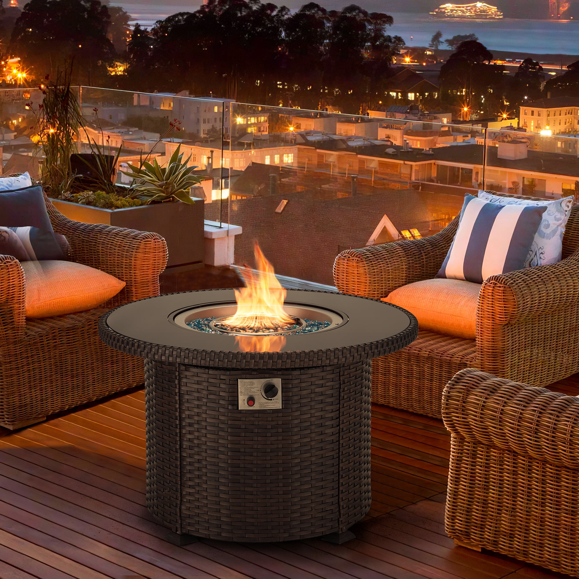 HOMREST Propane Gas Fire Pit Table, 38.1'' Round Fire Pit Table 50,000 BTU CSA Certified Outdoor Patio Wicker Fire Table with Weather-Resistant Cover