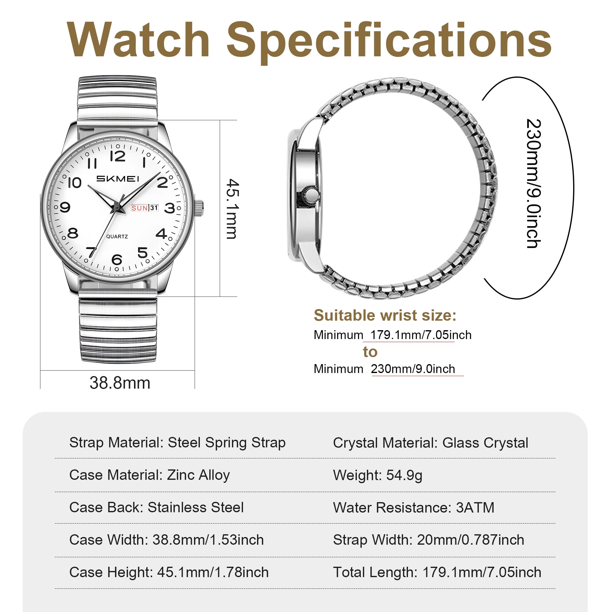 SKMEI Watches for Men Easy Reader Analog Mens Quartz Watch with Stainless Steel Expansion Band Luminous waterproof watch