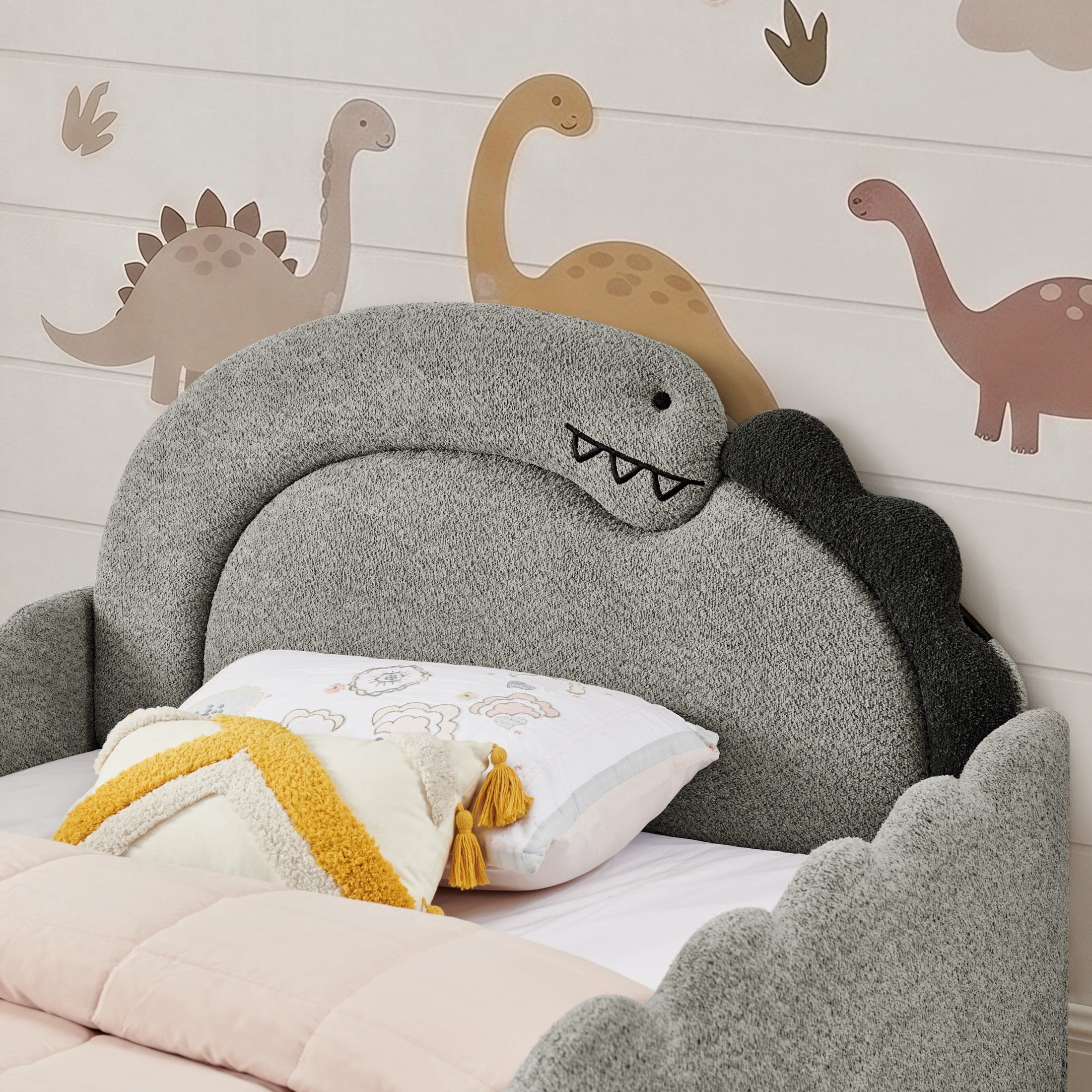 GDF Studio Full Size Cute Dinosaur Bed with Safety Guardrails & Solid Wood Frame, Boucle Fabric Upholstered Bed, Grey