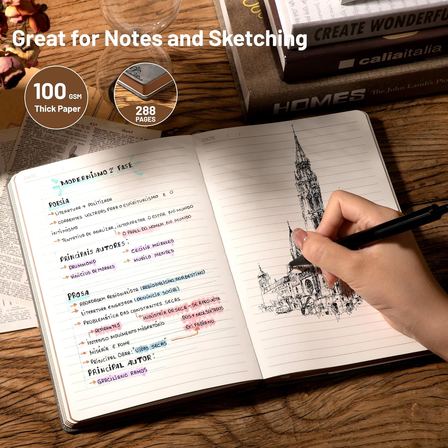 Compass Leather Notebook Journal for Men, 100 GSM 288 Pages Lined Journals for Writing, A5 Hardcover Journaling Notebooks Gift Set with Pen for Travel Office Daily Writing