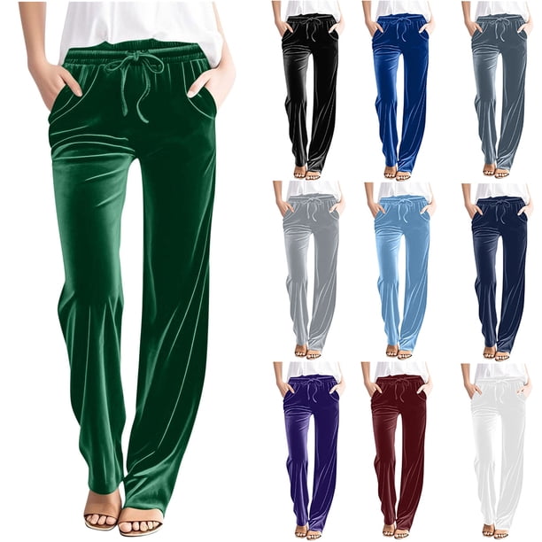 RKSTN Velvet Wide Leg Pants for Women Oversized Drawstring Elastic Waisted Straight Leg Velour Pant Womens Casual Solid Plus Size Relaxed Fits Loose Comfortable Velvet Jogger Trousers with Pockets
