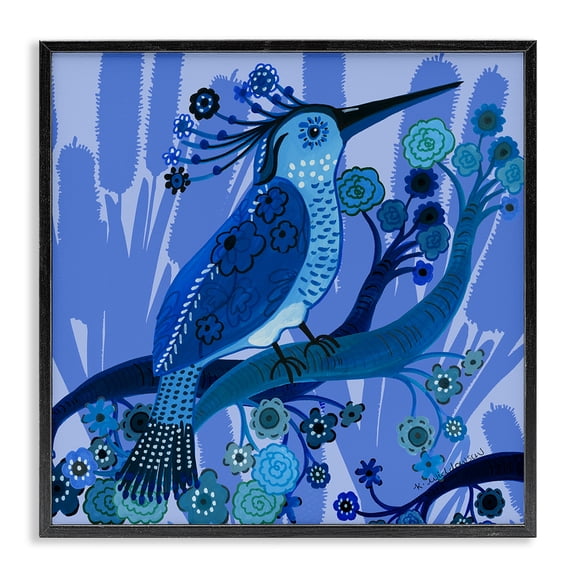 Stupell Industries Folk Style Blue Bird Animals Painting Black Framed Art Print Wall Art, 12 x 12