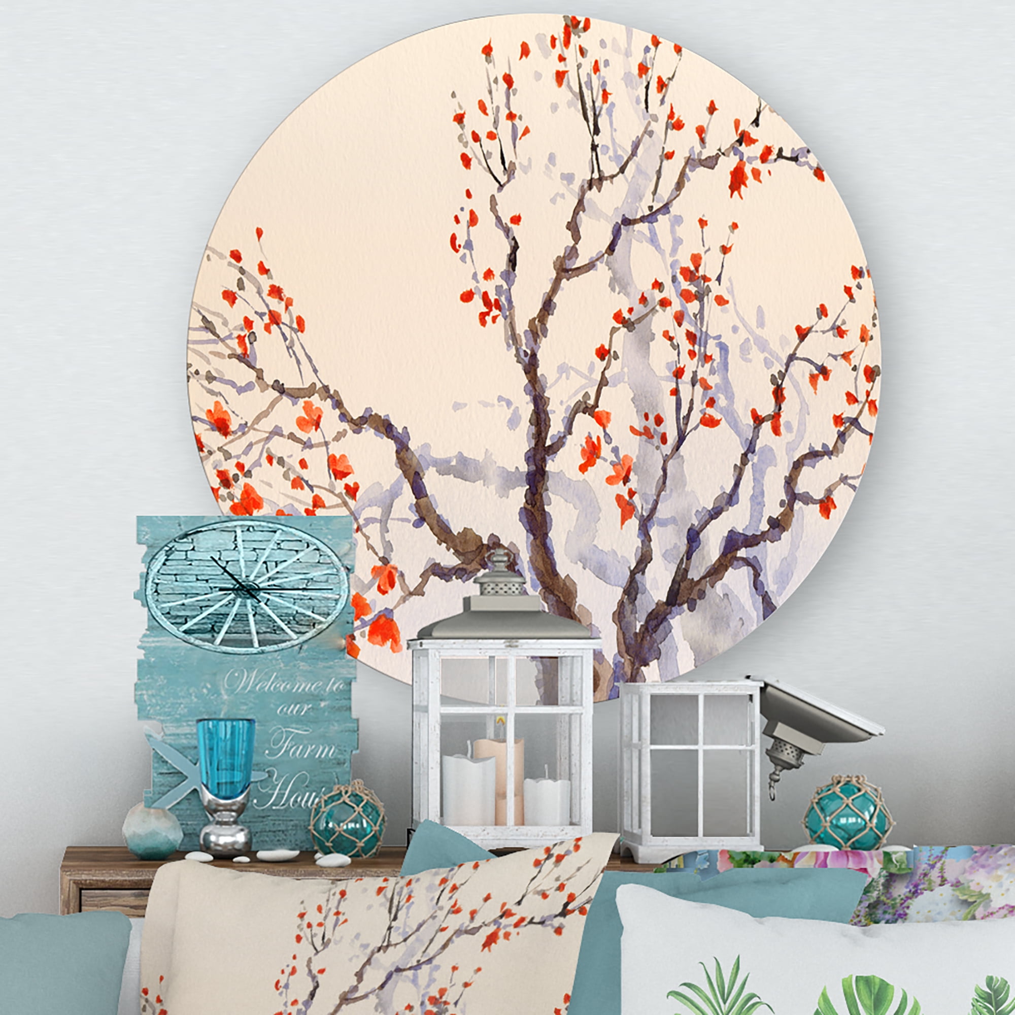 Designart 'Buds and Red Flowers On The Spring Blossoming Tree' Traditional Circle Metal Wall Art 11x11 - Disc of 11