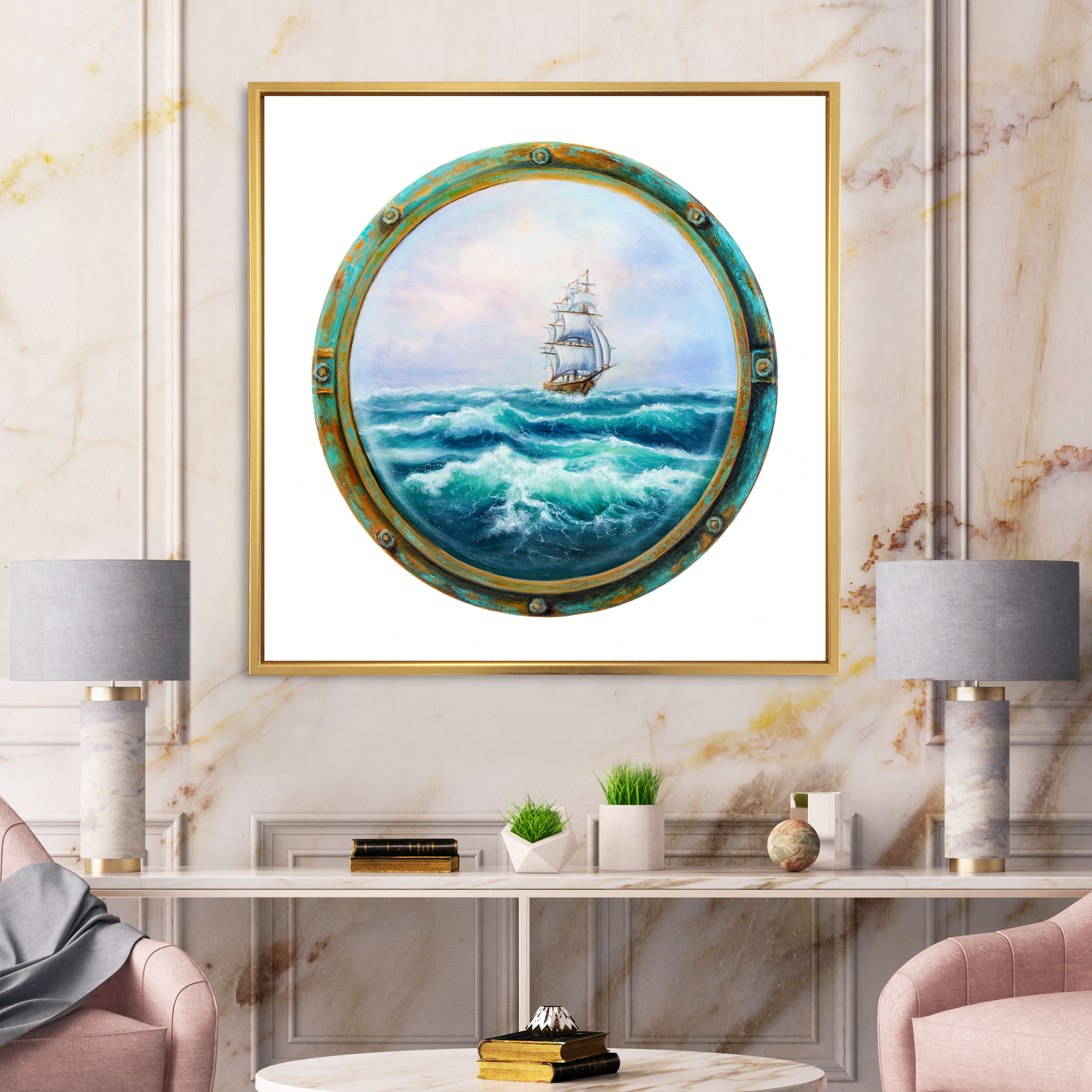 Designart 'Ship In Stormy Ocean Through Cabin Window' Nautical & Coastal Framed Canvas Wall Art Print