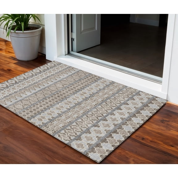 3' X 5' Taupe Beige And Gray Quatrefoil Washable Indoor Outdoor Area Rug