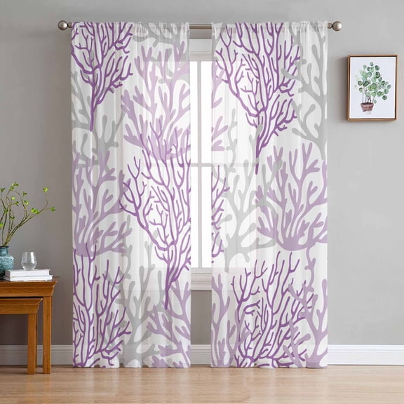 Purple Gray Coral Coastal Sheer Curtains 63 Inches Length 2 Panels Set, Window Sheer Curtains for Living Room/Bedroom, Summer Beach Seaside Nautical Light Filtering Rod Pocket Curtain 52'' x 63'' x 2