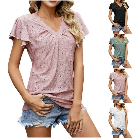 HAPIMO Women's Trendy Loose Tops Eyelet Dressy Tunic Elegant Casual Blouses Ruffle Sleeve for Teen Girls V Neck Pullover Solid Color Hollow Ruched Summer Black XL