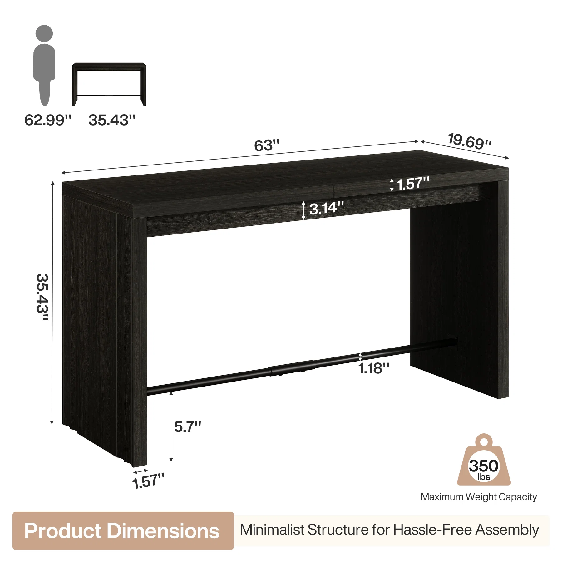 Hommoo 63 Inch Rectangular Counter Height Bar Table with Metal Footrest, Modern Pub Table for Kitchen, Home Bar & Cafe, Black