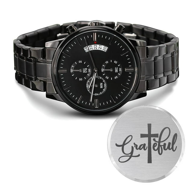 Grateful Engraved Bible Verse Men's Watch Multifunction Stainless Steel W Copper Dial