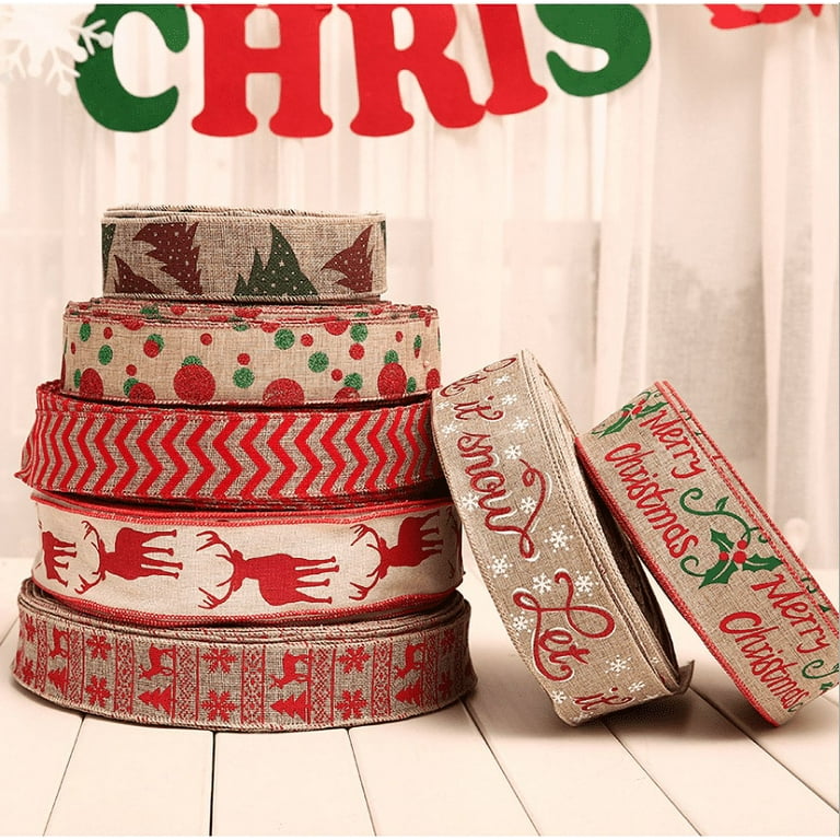 4 PCS Wired Burlap Christmas Bow Ribbon Holiday Party Ribbon Decorations,  Assorted Patterns Classic Fabric Lining Ribbons Crafters Ornaments 