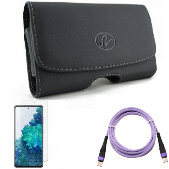 Purple 6ft PD Cable & Screen Protector & Case Belt Clip for Samsung Galaxy S20 Fan Edition - Type-C to USB-C Long Charger Cord   Anti-Glare Tempered Glass   Leather Swivel Combo