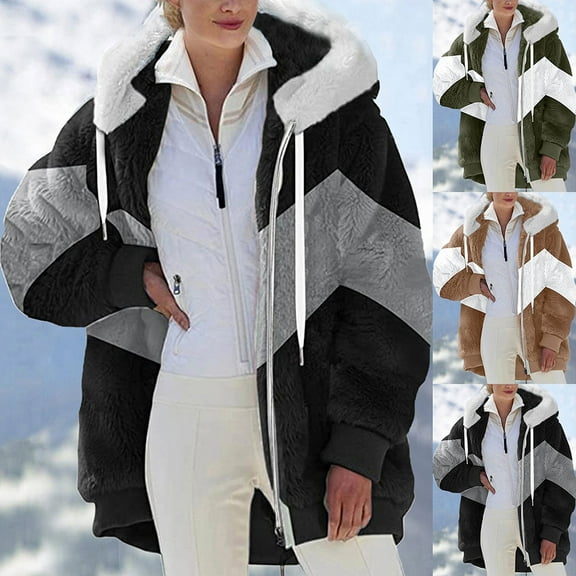Winter Clearance Deals PITAUCE Womens Zip Up Plush Color Block Stitching Sherpa Flannel Winter Jacket Coat Warm Fleece Blanket Jackets with Hood for Women Green L