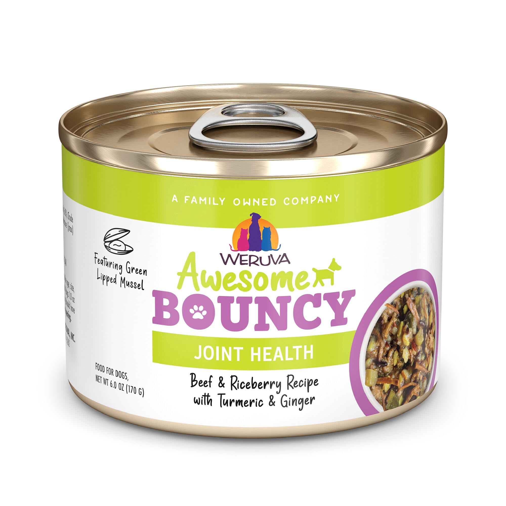 Weruva Awesome Bouncy Beef & Riceberry Recipe with Turmeric & Ginger Wet Dog Food, 6 oz., Case of 8
