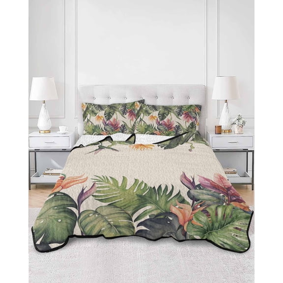 Quilts Full Size, Palm Leaves Soft Comforter Bedding Set for Bed, Summer Botanical Tropical Plants Rustic Lightweight Quilted Bedspread with Pillow Cover(2 Pieces) for All Season, 78x90 Inch