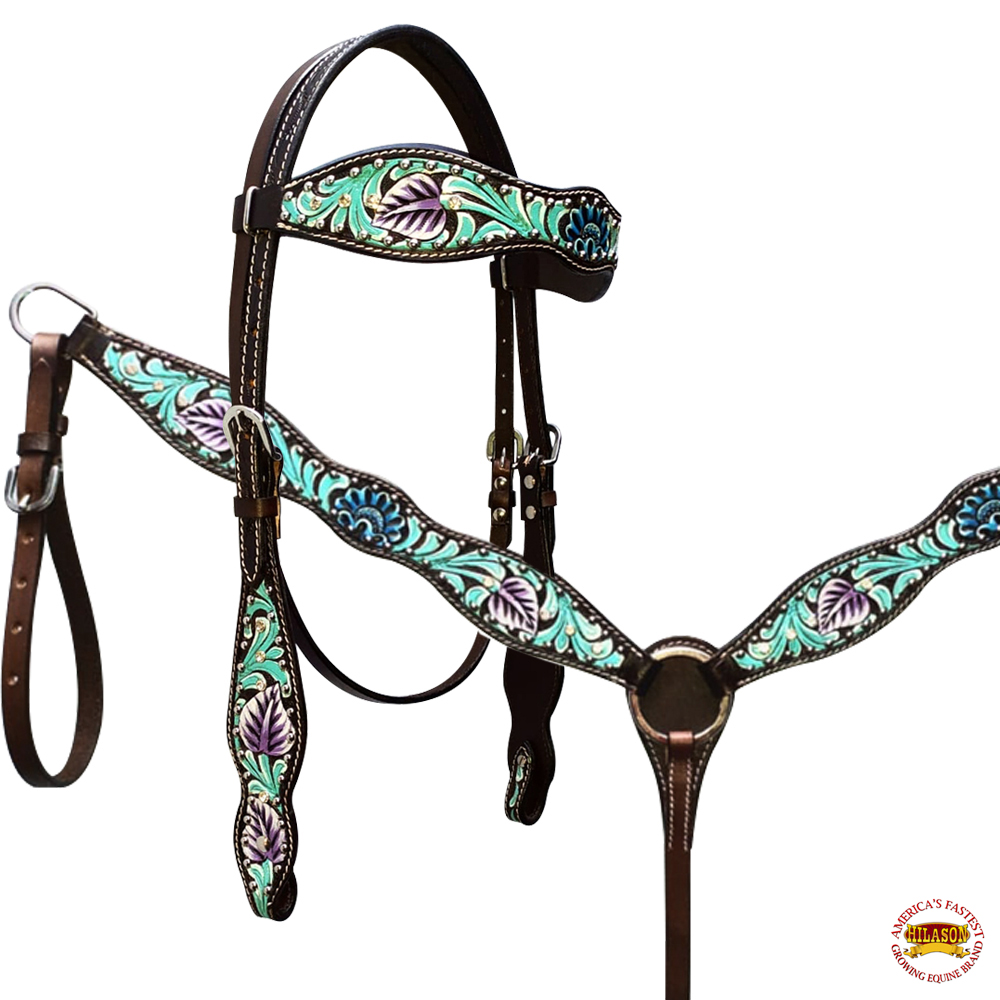 Westen Horse Headstall Breast Collar Set American Leather Black Turquoise