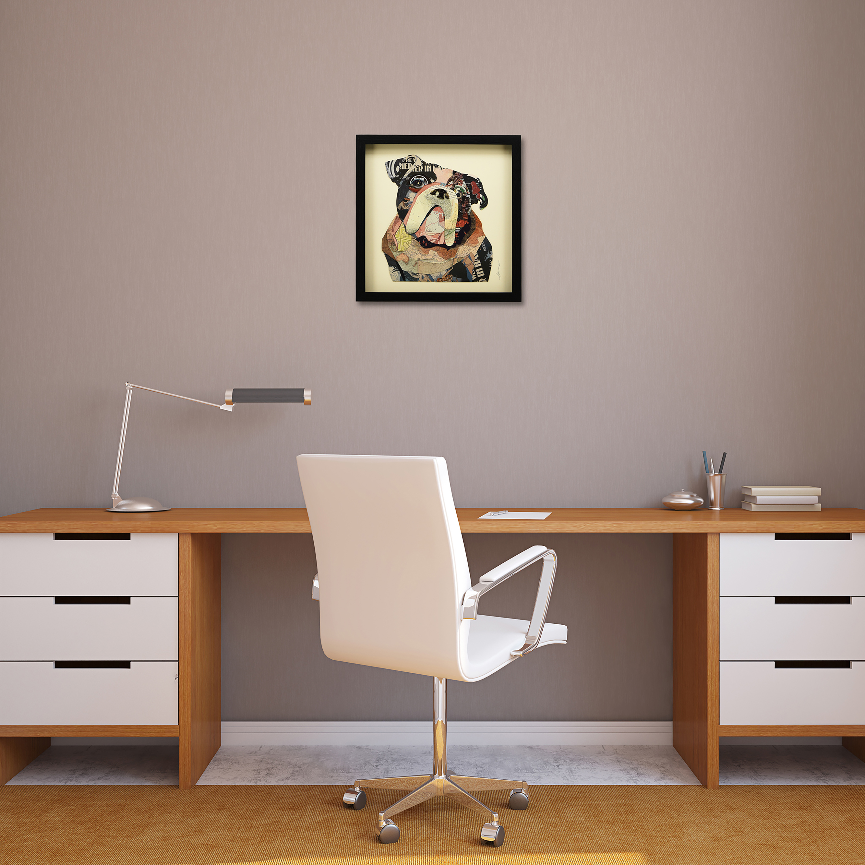 "English Bulldog" Dimensional Collage Framed Graphic Art Under Glass Wall Art