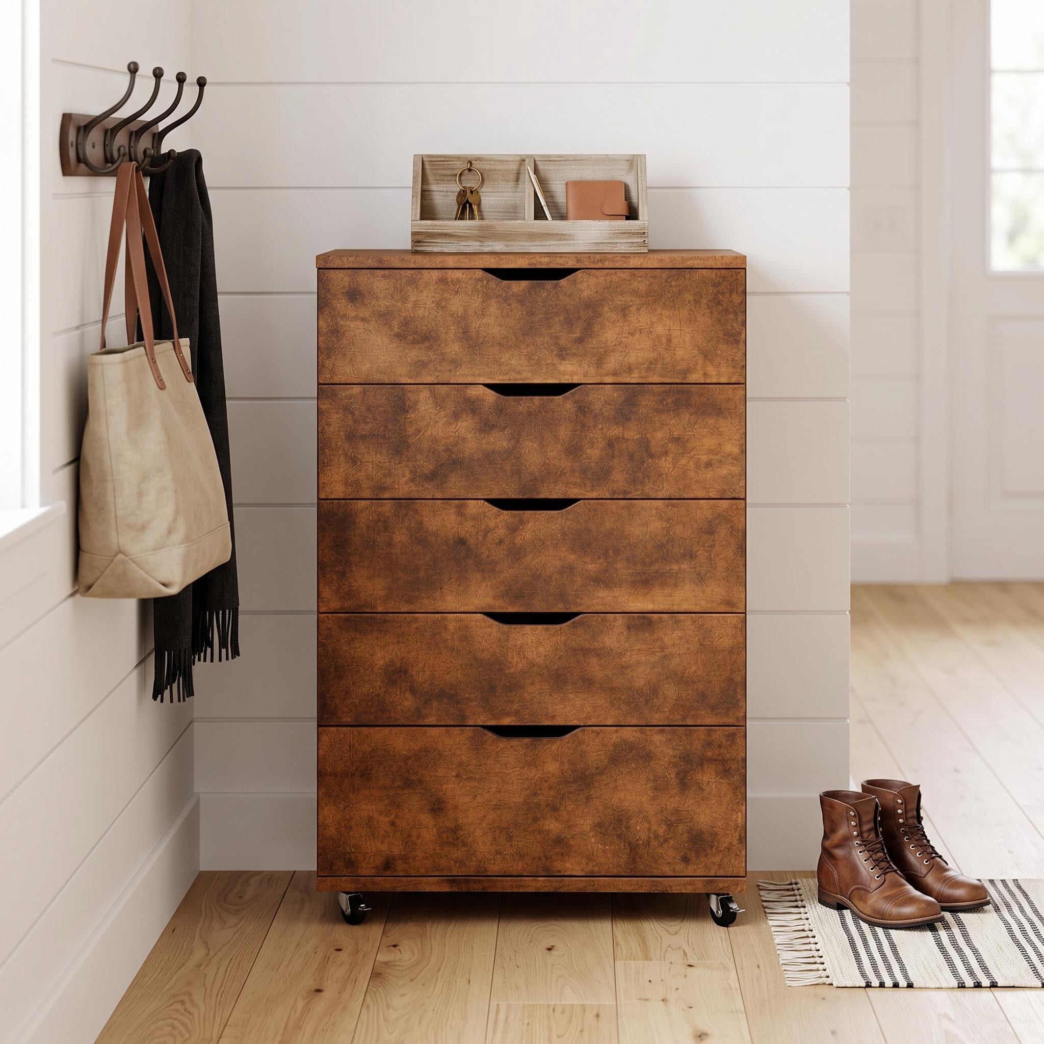 Homy Casa Rustic Brown 5 Drawer Dresser on Wheels for Bedroom Office
