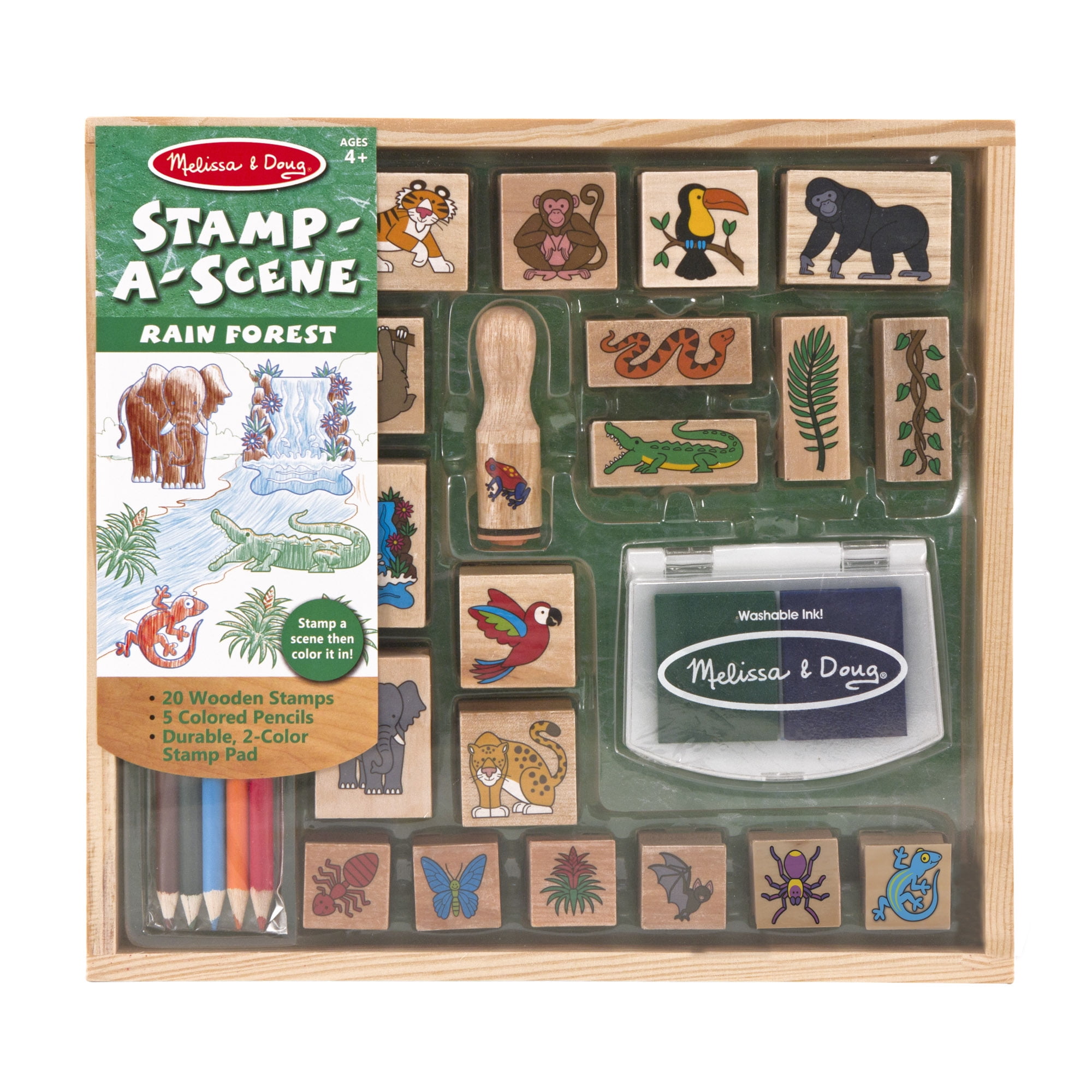 Melissa & Doug Stamp-a-Scene Stamp Set: Rain Forest - 20 Wooden Stamps, 5 Colored Pencils, and 2-Color Stamp Pad