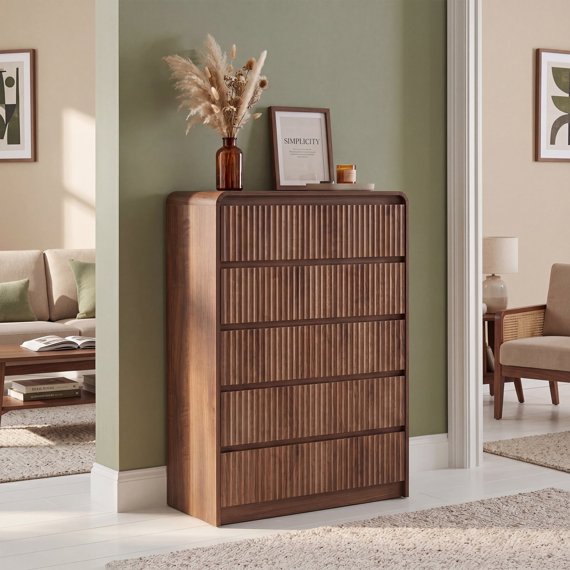 YDN Modern Fluted 5 Drawers Dressers for Bedroom with Drawers - 31.5" Wooden Tall Chest of Drawers, Curved Dresser Storage Organizer with Anti-Tip for Closet Hallway, Entryway, Living Room, Walnut