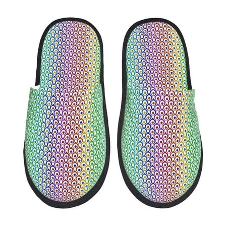 Balery Rainbow Peacock Feathers Slient Indoor Furry Fleece Comfort House Shoes Soft Non-Slip Home Shoes Cotton slippers House Slippers-- Large