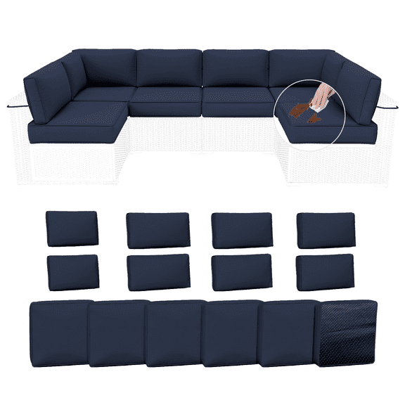 YLLN 14-Piece Outdoor Sectional Cushions, 4" Thick Patio Replacement Set, Waterproof with Zipper, Washable Seat Cushion for 6-Seat Wicker Rattan Conversation Sets, Navy Blue