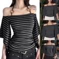 thumbnail image 2 of Women Aesthetic Flared Half Sleeve Ruched Fitted Top Off The Shoulder Beaded Halterneck Striped T-Shirt Going Out Top, 2 of 19
