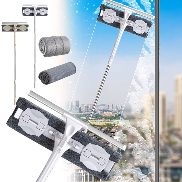 SSZMDLB under $5 2Pcs Window Cleaner, Window Cleaner, Telescoping Pole Double Sided Glass Wiper, High Rise Window Cleaning Tool with Scraper and Fiber Cloth, for Indoor Outdoor Panes