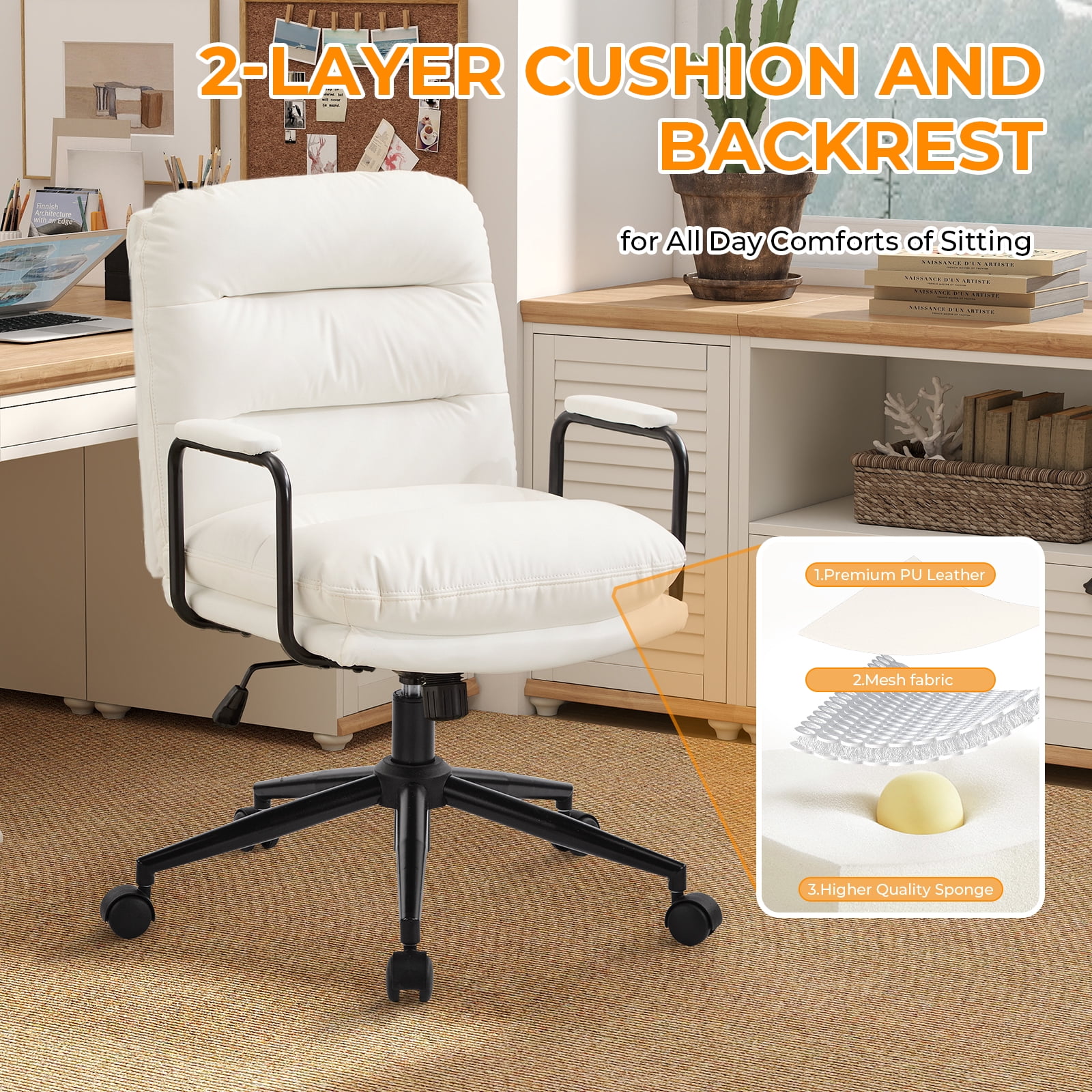 Falvinoryn Modern Office Chair, High Back Ergonomic Task Chair with Padded Armrests and Double Cushion, Swivel Home Office Desk Chair, Faux Leather Executive Armchair for Home, Bedroom (White)