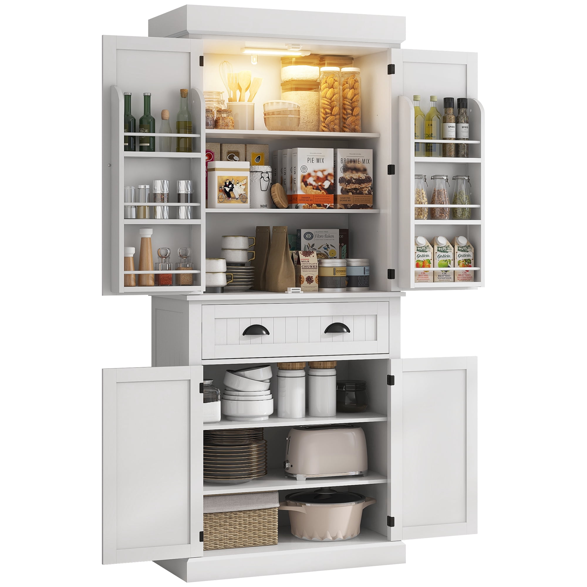 HOMCOM 71" LED Kitchen Pantry Cabinet, Tall Storage Cabinet with 6 Door Shelves, a Drawer and 4 Adjustable Shelves, White
