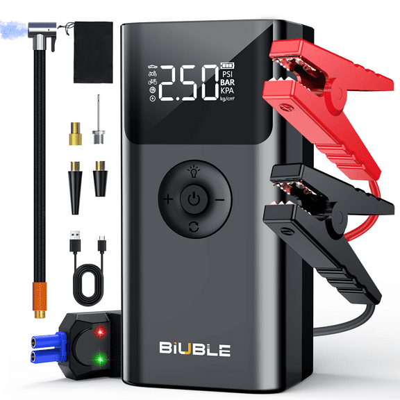 BIUBLE Portable 8000A Car Jump Starter with Air Compressor 150PSl, 12V Battery Pack (ALL Gas/2.64gal Diesel),  Car Battery Jumper Starter, Smart Jump Cables, Digital Display, LED Lights, V
