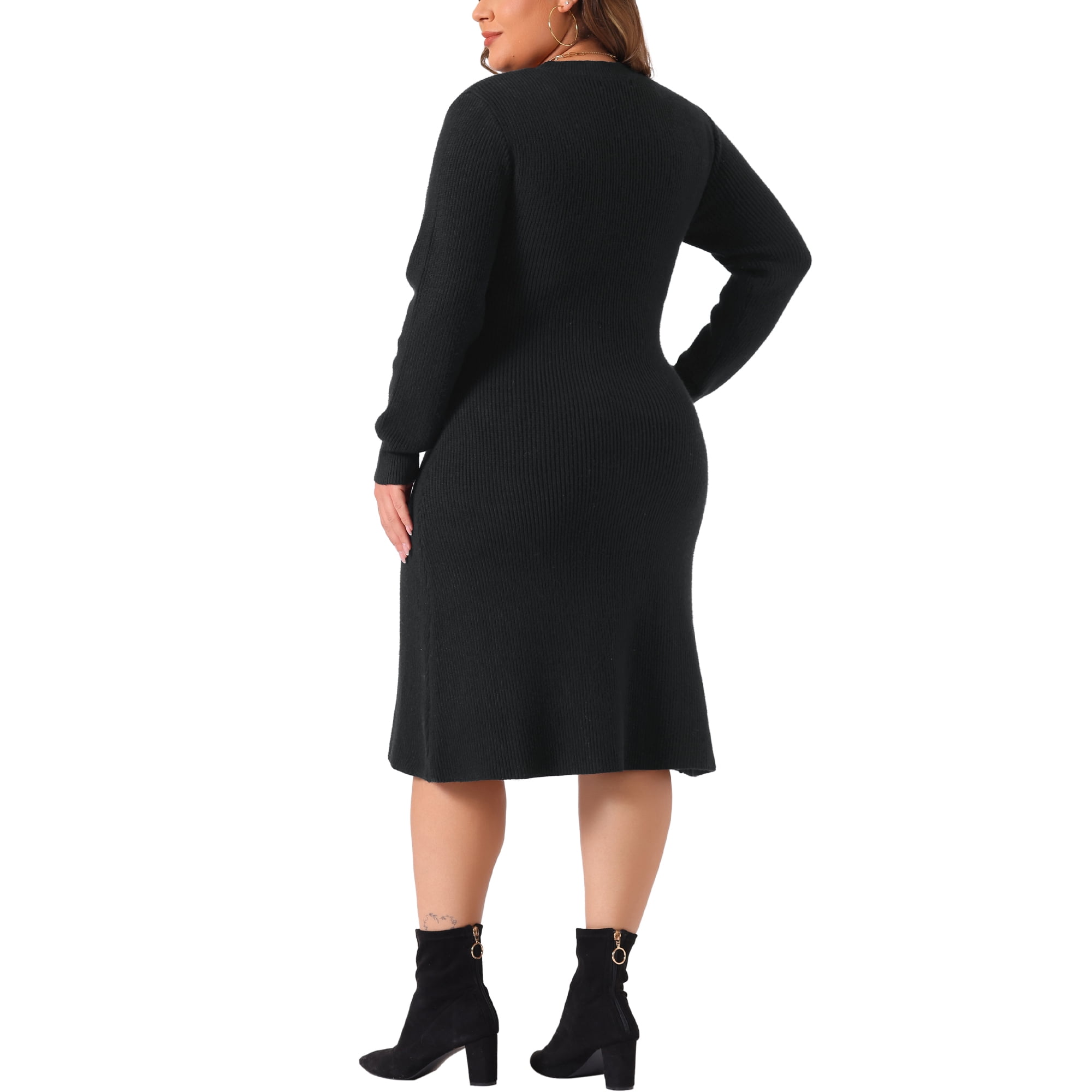Unique Bargains Plus Size Sweater Dress for Women Fall Crew Neck Long Sleeve Knit Pullover Sweater Dresses Black 3X