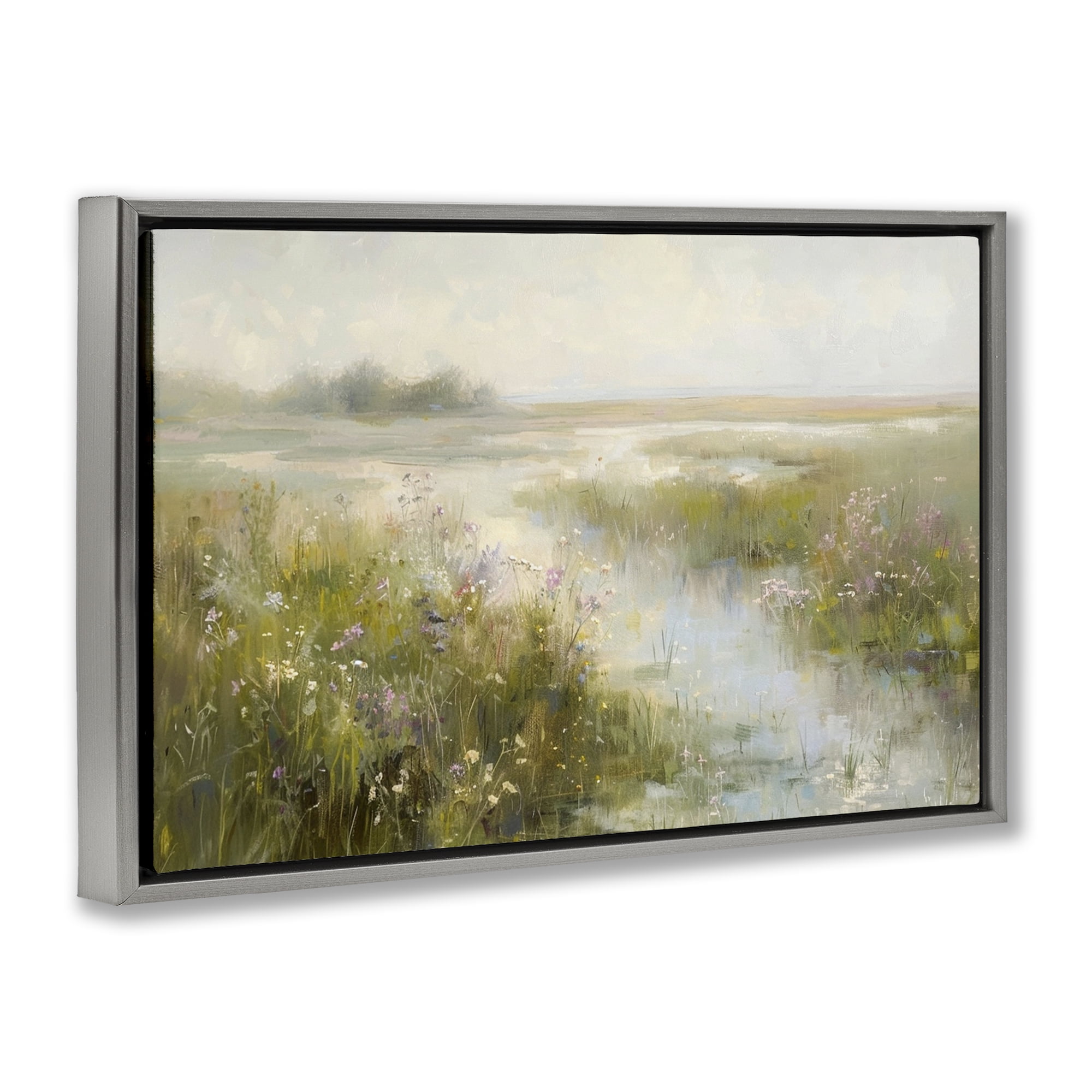 Stupell Industries Spring River with Wild Blooms Landscape & Nature Painting Gray Floater Framed Canvas Art Print Wall Art, 25 x 17