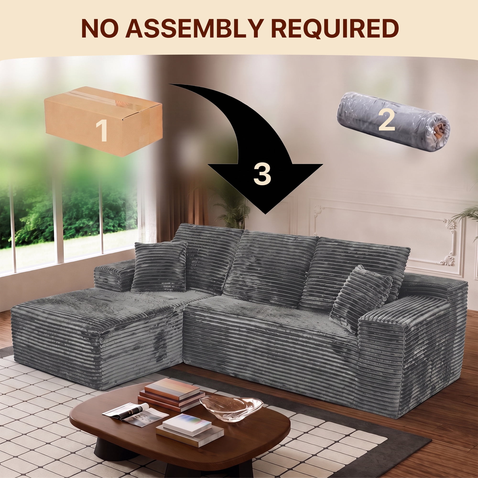 Aukfa 108" Cloud Sectional Sofa Oversized Boneless Couch Modular L-Shaped Sofa, Left Chaise Corduroy Sofa for Living Room, Dark Gray