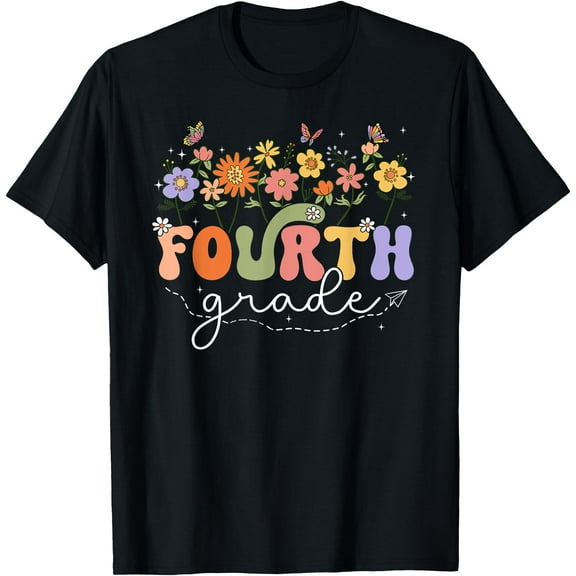 4th Fourth Grade Teacher Wildflower Back To School Floral T-Shirt,Black