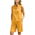 thumbnail image 5 of LEKWK 2 Piece Sets for Women Summer Sleeveless Stand Collar Button Tank Tops and Elastic Waist Shorts Loose Fit Solid Fashion Beach Vacation Casual Outfits, 5 of 9