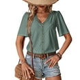 thumbnail image 1 of Top de verano para mujer, Top informal holgado de manga corta con cuello en V y botones con ojales, Top con adorno de encaje para mujer, 1 of 6