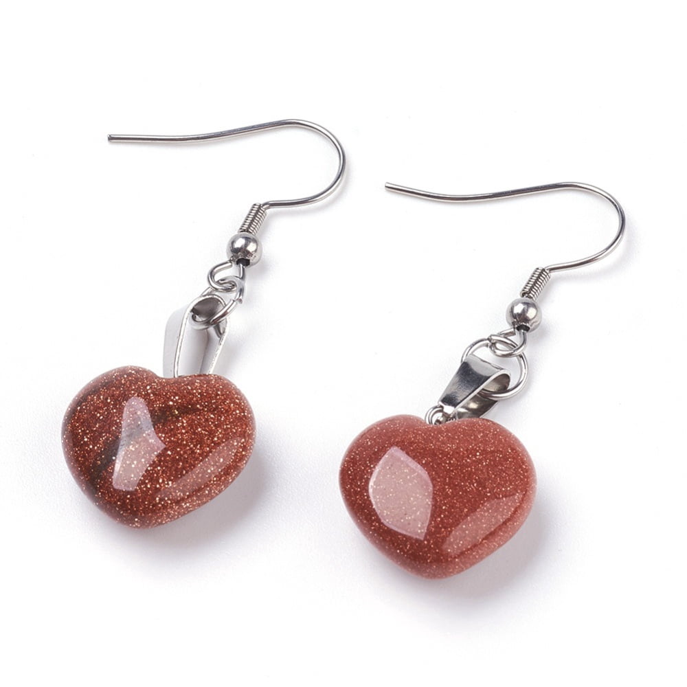 Natural & Synthetic Mixed Gemstone Dangle Earrings with 304 Stainless Steel Earring Hooks Heart 47~48mm Pin: 0.6mm