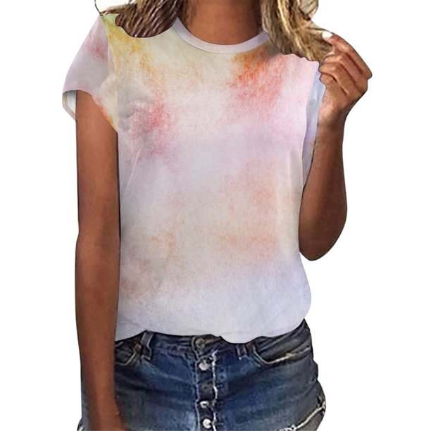 Gibobby Camisetas Mujer Manga Corta Mujeres Casual Tie Dye Gradient Printing Mangas Cuello redondo Camiseta suelta Blusa Tops(Naranja,M)