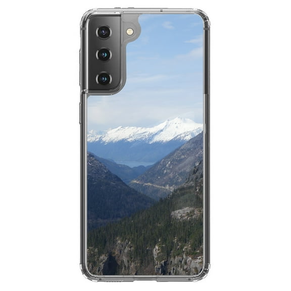 DistinctInk Clear Shockproof Hybrid Case for Galaxy S21 5G (6.2" Screen) - TPU Bumper, Acrylic Back, Tempered Glass Screen Protector - Skagway Alaska Mountains