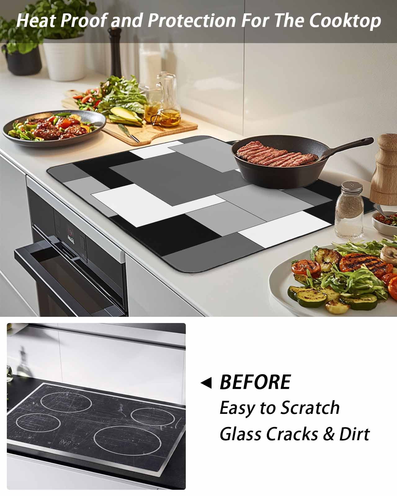 Stove Top Covers for Electric Stove, Black Grey Glass Stovetop Cover Protector, Middle Century Irregular Geo Abstract Art Induction Cooktop Protector Oven Mat for Kitchen Countertop 24"x21"