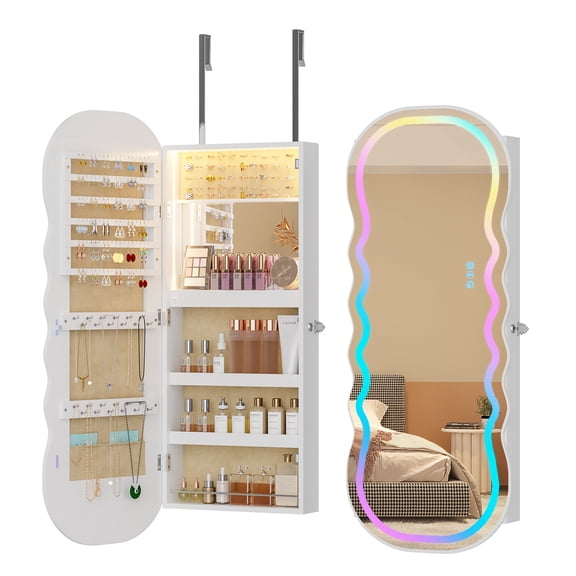 Kasibie RGB Lighted Mirror Jewelry Cabinet,LED Wavy Wide Mirror with Storage, Wall or Door Mounted Jewelry Organizer,Lockable Jewelry Armoire