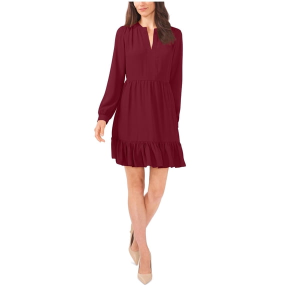 Vince Camuto Womens Ruffled Fit & Flare Dress, darkred, L