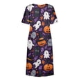 thumbnail image 6 of Women's Halloween Print Round Neck Dress with Pockets Short Sleeve Loose Midi Casual Dress Plus Size for Autumn Daily Wear Party Light Purple L, 6 of 6