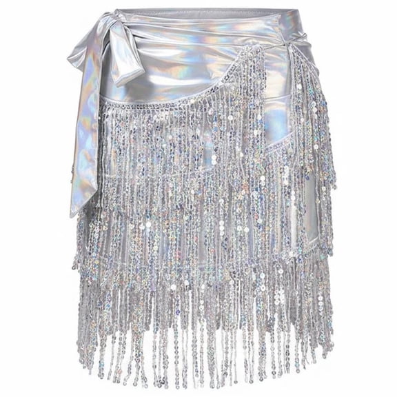 Byfri Silver Sequin Tassel Latin Dance Skirt, Sparkly Belly Dancing Wrap Costume for Performance, 100x54cm