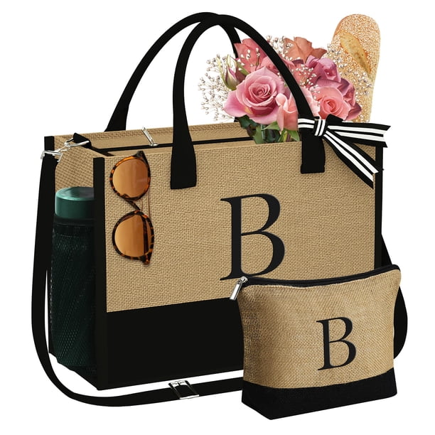 YOOLIFE Regalos para mujeres – Bolsa de yute con inicial y bolsa de maquillaje, regalos de cumpleaños para mujeres, su madre, esposa, maestra, amiga