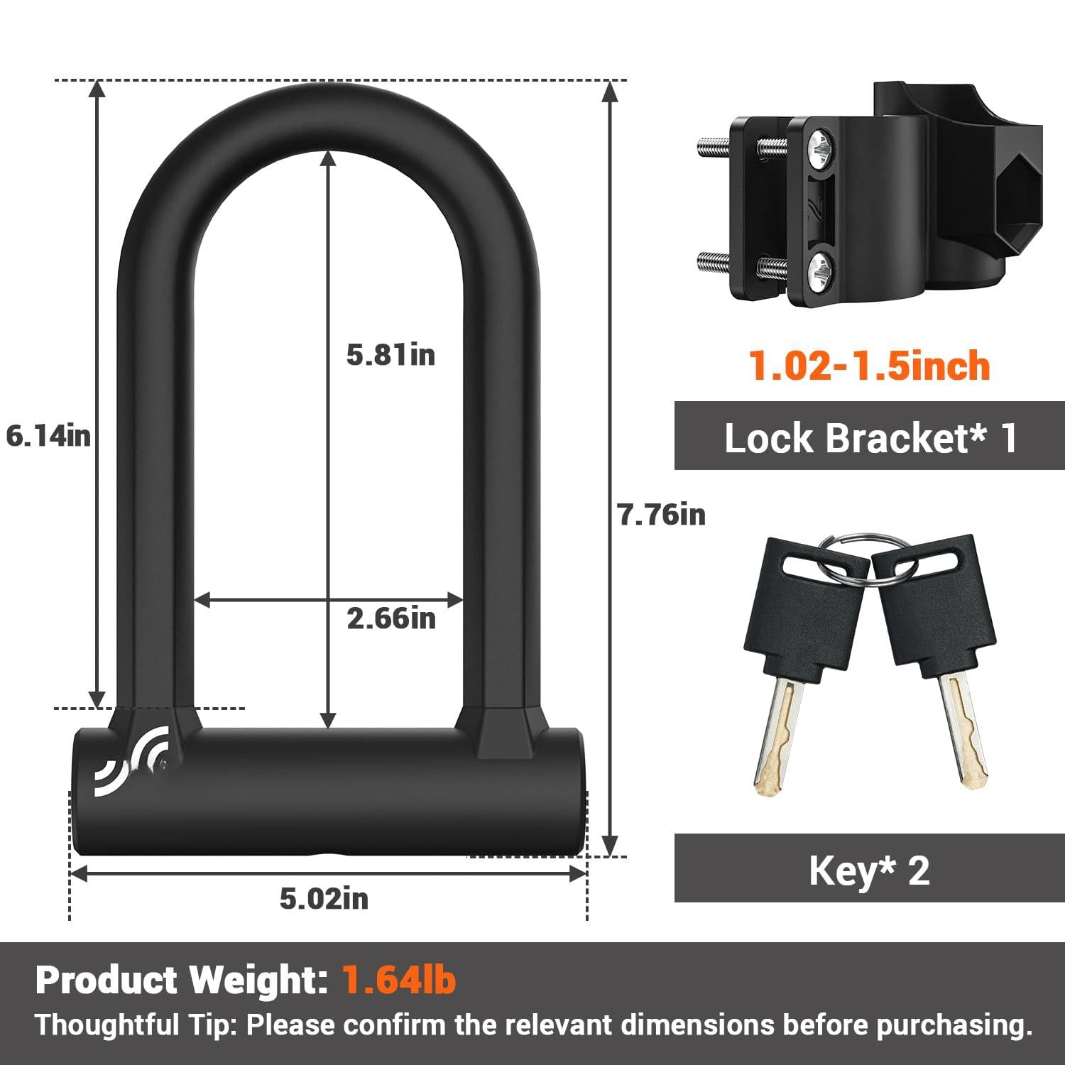 Bike Lock - 17mm Shackle Heavy Duty Anti U With 2 Keys Bicycle U-locks Sturdy Mounting Bracket For Road  Mountain Electric & Folding Size 7.76''x5.02''