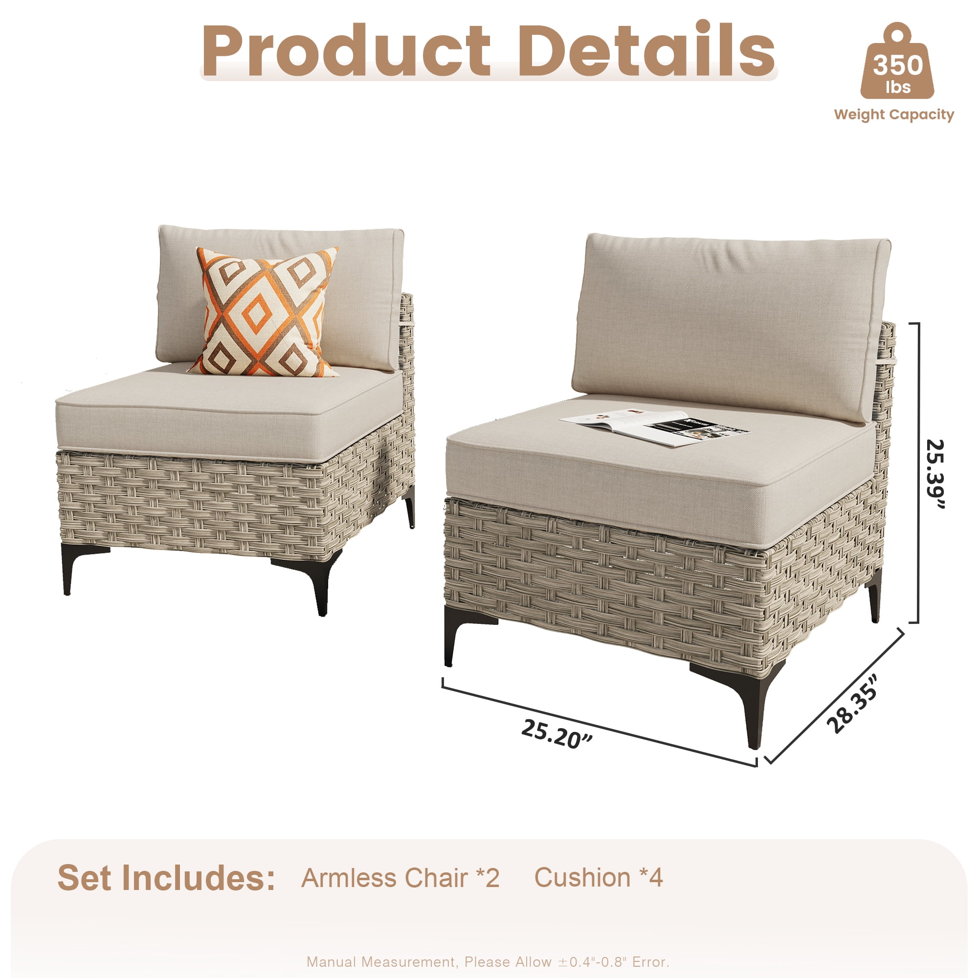 Ovios 2 Pieces Outdoor Patio Conversation Furniture Set Cushioned PE Rattan Wicker Chairs Set