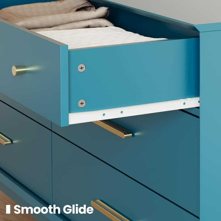 Teal Blue 6 Drawer Dresser Modern Storage Chest with Gold Handles, 54" W Mid-Century Dresser for Bedroom, Living Room, or Clothes Storage Teal Blue 6 Drawer Dresser Modern Storage Chest with Gold Handles, 54" W Mid-Century Dresser for Bedroom, Living Room, or Clothes Storage